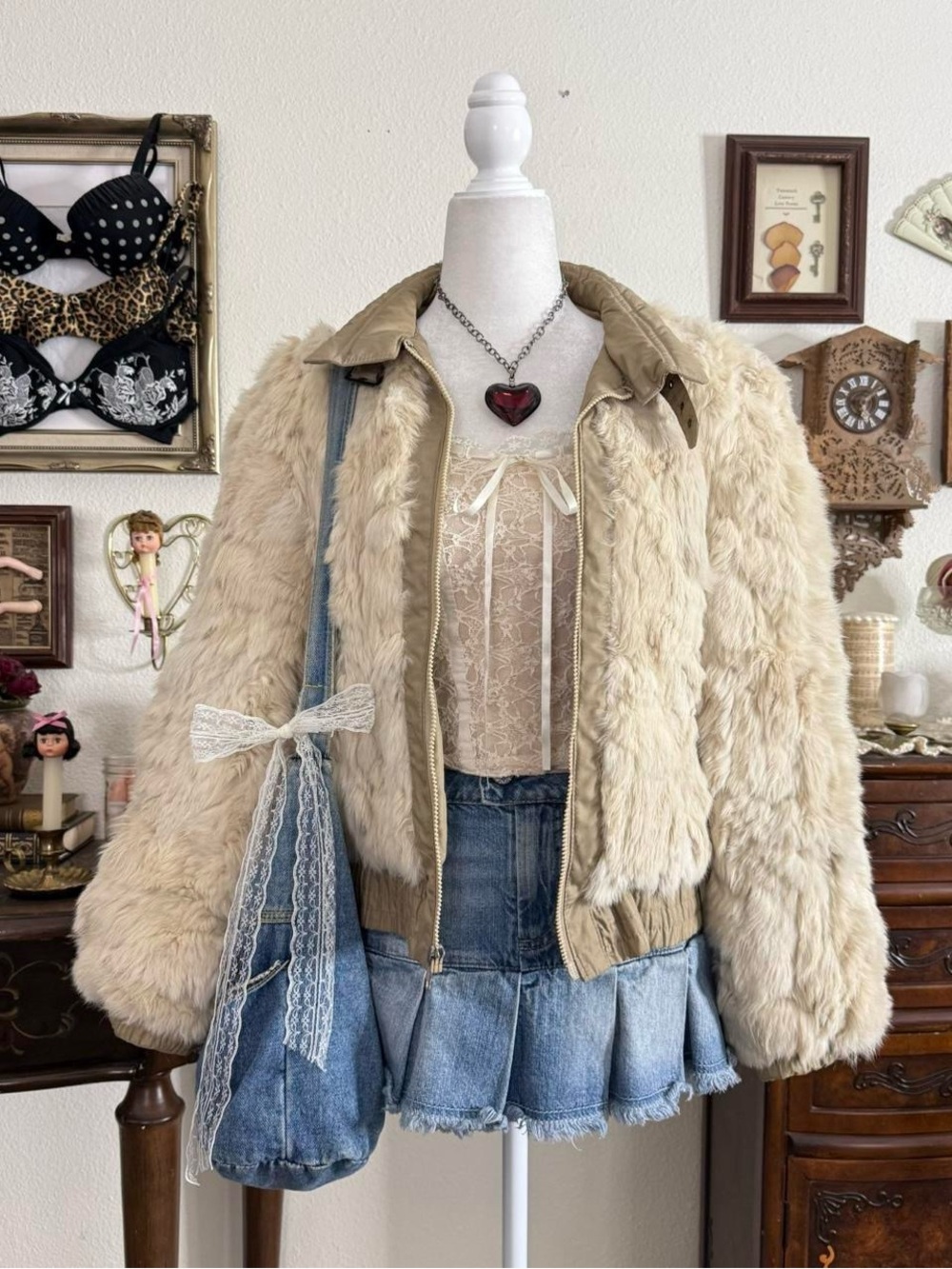 Vintage dainty coquette old money fur bomber jacket